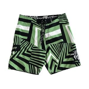 Maui And Sons Mens Board Shorts Size 38 Waist Black Green Geometric Swim Trunks‎